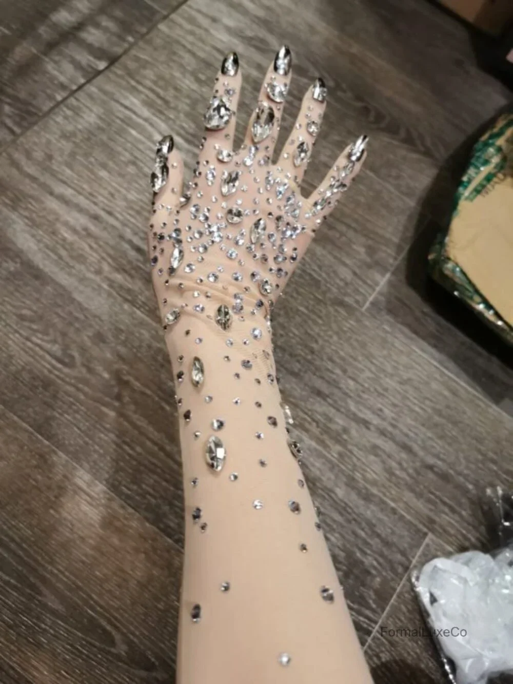 Rhinestone Sparkly Long Gloves - Mesh Sheer Elbow Length Opera Gloves with Nails